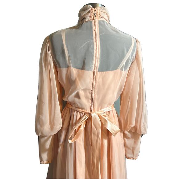 Vintage 70's Pink Victorian Lace Ruffles High Neck Prairie Long Sleeve Dress - Picture 7 of 9